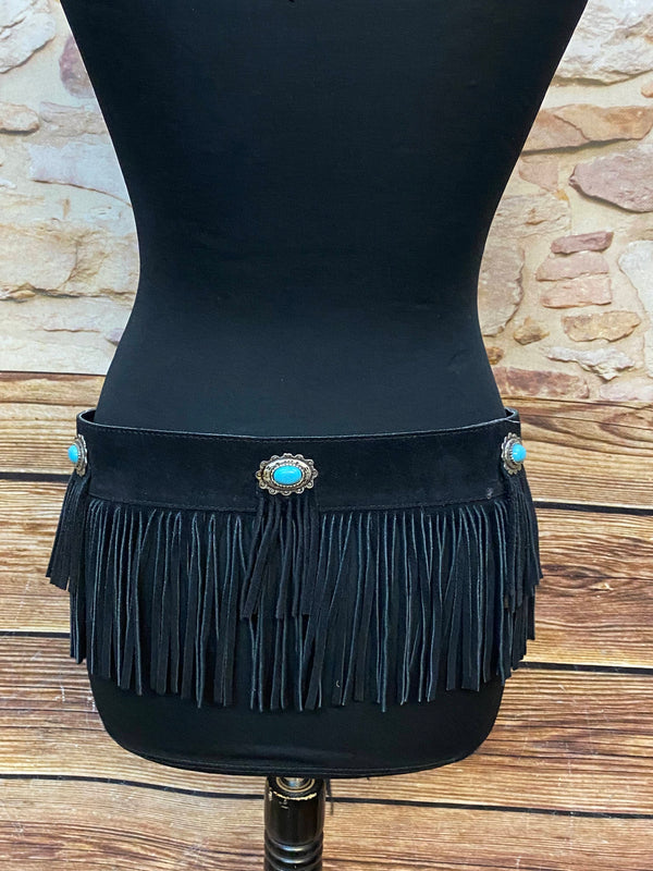 Vintage Western Gürtel schwarz Fransen Türkis Boho Hüftgürtel Lederlook