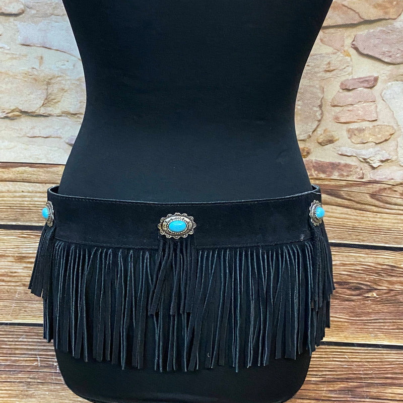 Vintage Western Gürtel schwarz Fransen Türkis Boho Hüftgürtel Lederlook