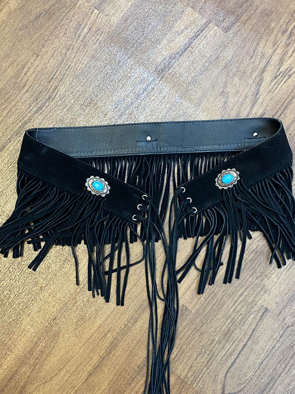 Vintage Western Gürtel schwarz Fransen Türkis Boho Hüftgürtel Lederlook