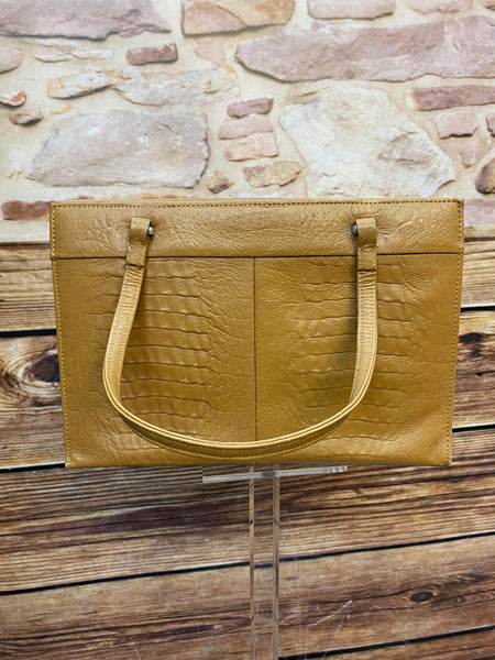 Cognacfarbene Vintage Handtasche mit Kroko-Prägung, zwei Henkeln und mehreren Innenfächern