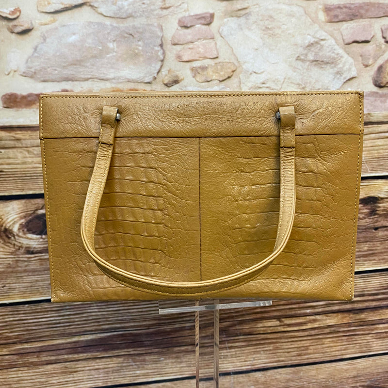 Cognacfarbene Vintage Handtasche mit Kroko-Prägung, zwei Henkeln und mehreren Innenfächern