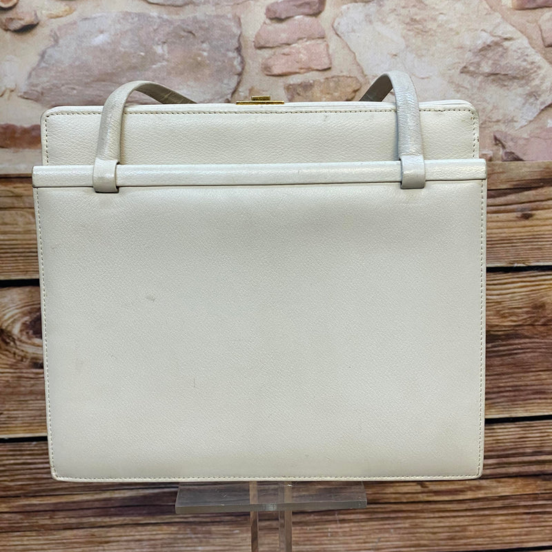 Cremefarbene Vintage Handtasche mit zwei Henkeln, goldfarbenem Verschluss und Innenfach Ansicht 1