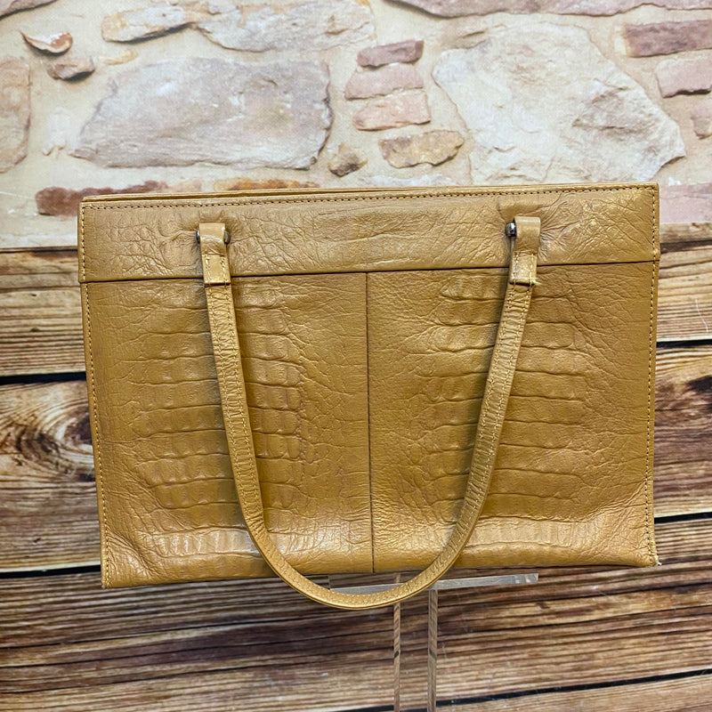 Cognacfarbene Vintage Handtasche mit Kroko-Prägung, zwei Henkeln und mehreren Innenfächern Ansicht 1