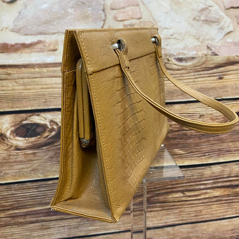 Cognacfarbene Vintage Handtasche mit Kroko-Prägung, zwei Henkeln und mehreren Innenfächern Ansicht 2