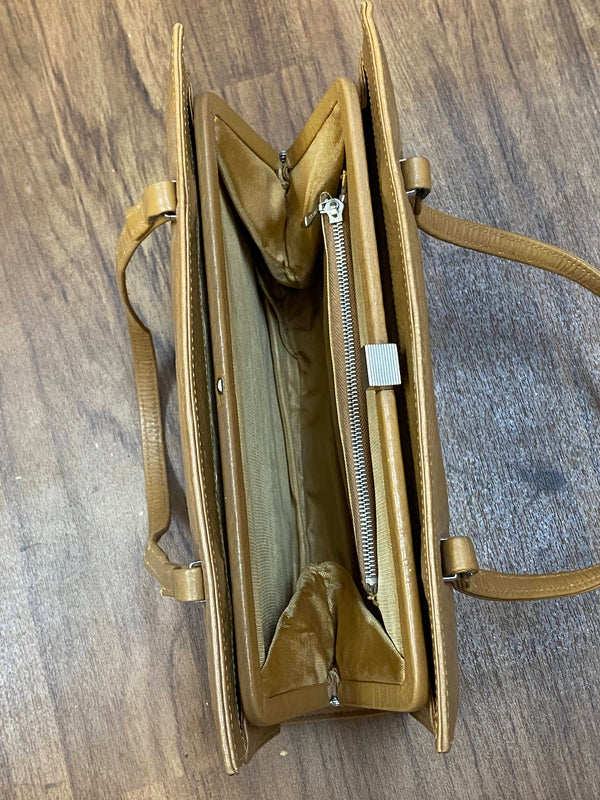 Cognacfarbene Vintage Handtasche mit Kroko-Prägung, zwei Henkeln und mehreren Innenfächern Ansicht 3