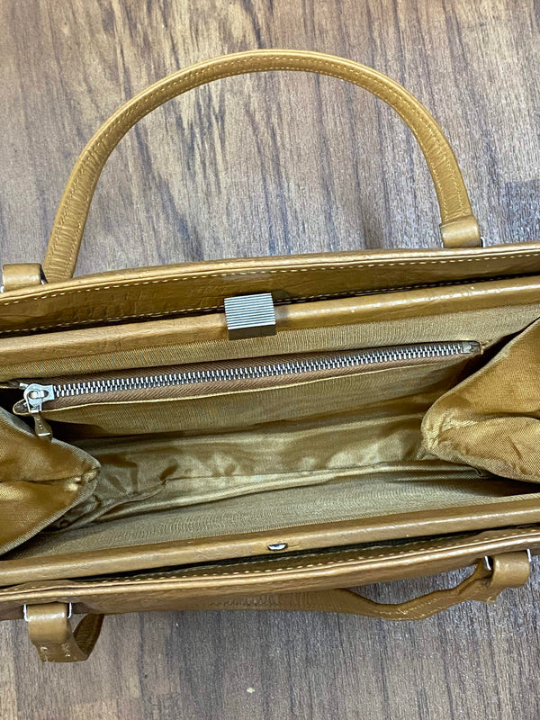 Cognacfarbene Vintage Handtasche mit Kroko-Prägung, zwei Henkeln und mehreren Innenfächern Ansicht 4