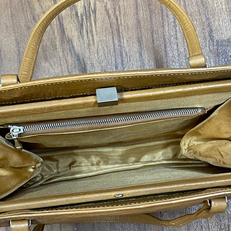 Cognacfarbene Vintage Handtasche mit Kroko-Prägung, zwei Henkeln und mehreren Innenfächern Ansicht 4