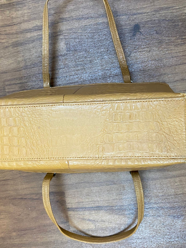 Cognacfarbene Vintage Handtasche mit Kroko-Prägung, zwei Henkeln und mehreren Innenfächern Ansicht 5