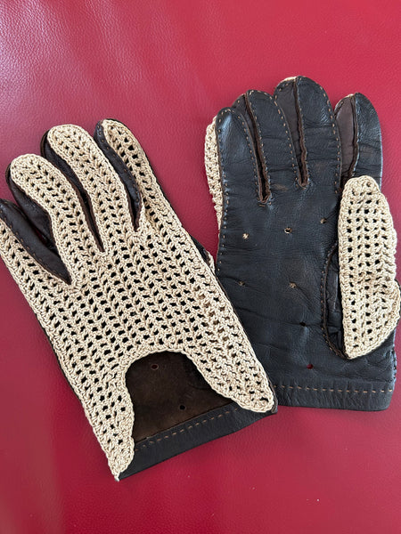 Vintage Herren-Autohandschuhe aus dunkelbrauem Leder mit beigem Häkelrücken, Größe 11, sehr gut erhalten