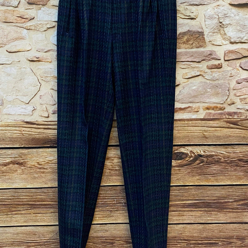 Karierten Vintage Herren-Hose aus Schurwolle, Karomusters in Blau-Grün mit bunten Akzenten. Größe 48