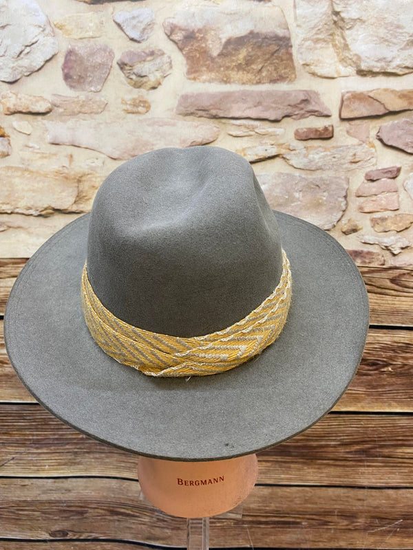 Grauer Vintage Herren Fedora aus Haarfilz mit gelb-naturfarbenem Hutband Größe 56 Ansicht 3