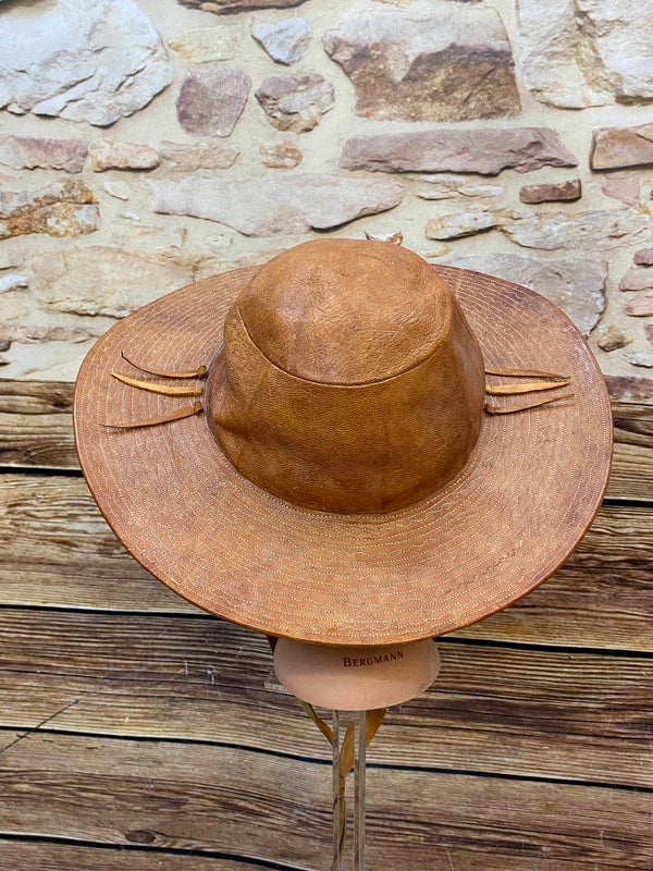 Brauner Vintage Leder-Westernhut Gr. 57 mit breiter Krempe, Ziernähten und Bindeband Ansicht 3