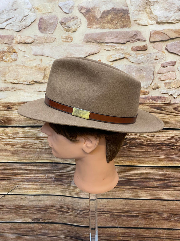 Brauner Vintage Wollhut Gr. 60 mit breiter Krempe und Hutband in Lederoptik, Ansicht 2