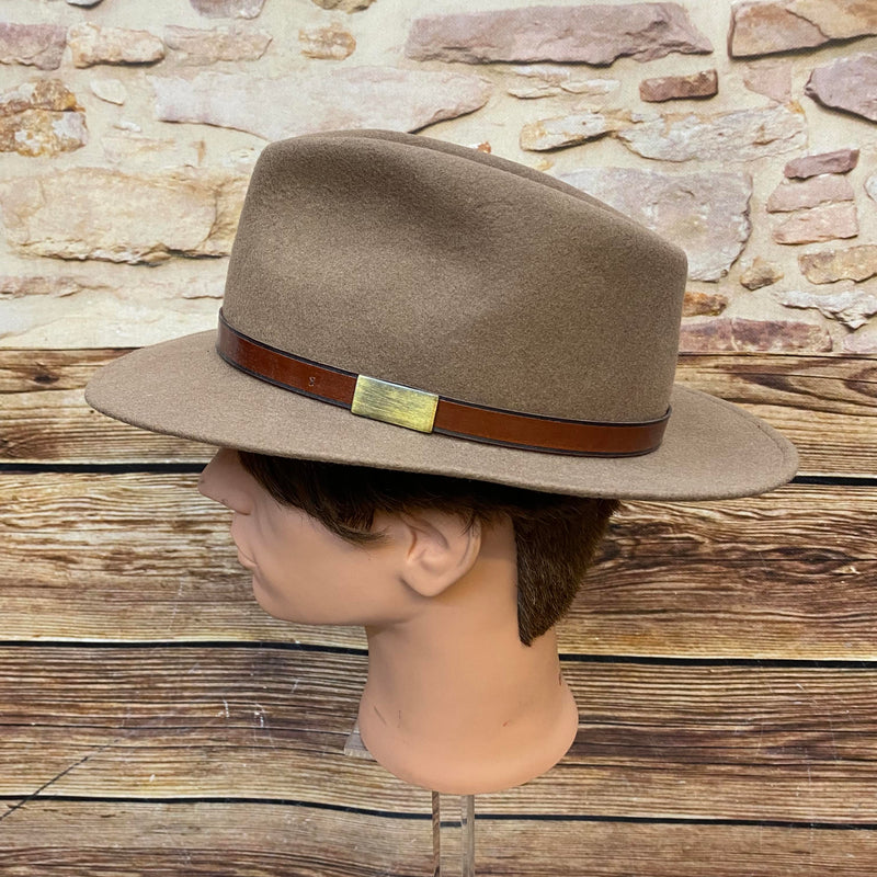Brauner Vintage Wollhut Gr. 60 mit breiter Krempe und Hutband in Lederoptik, Ansicht 2