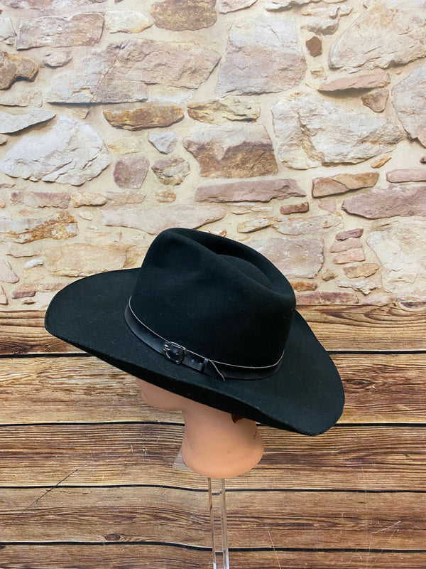 Schwarzer Vintage Woll-Cowboyhut Gr. 61 mit breiter geschwungener Krempe und Hutband Ansicht 1