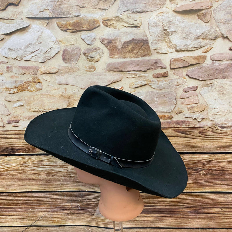 Schwarzer Vintage Woll-Cowboyhut Gr. 61 mit breiter geschwungener Krempe und Hutband Ansicht 1