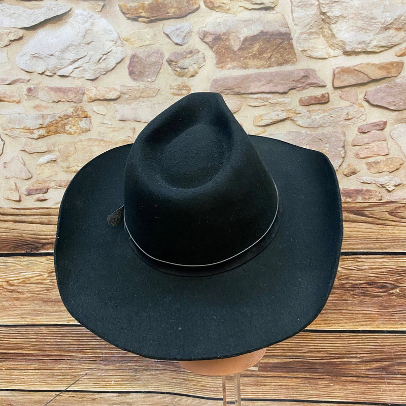 Schwarzer Vintage Woll-Cowboyhut Gr. 61 mit breiter geschwungener Krempe und Hutband Ansicht 2