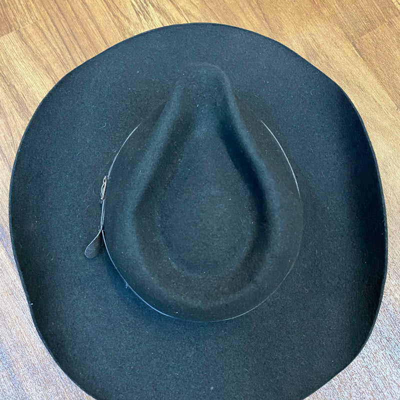 Schwarzer Vintage Woll-Cowboyhut Gr. 61 mit breiter geschwungener Krempe und Hutband Ansicht 3