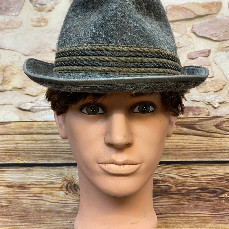 „Grauer Vintage Herren Hut Größe 56 mit dekorativem Hutband und klassischer Filzhut-Form für Retro Herrenlooks“
