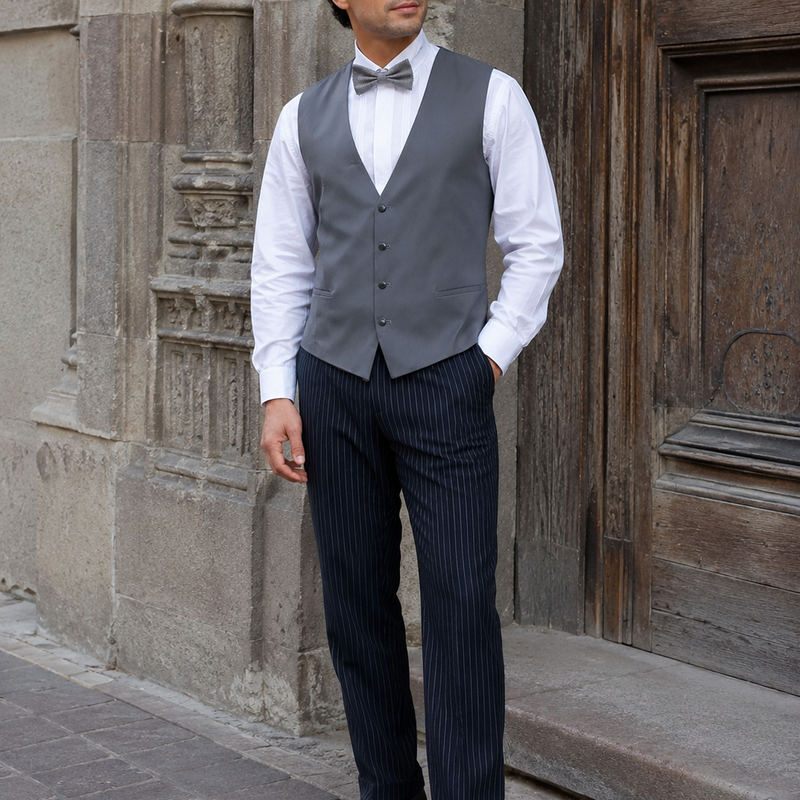 Mit KI erstelltes Bild eines Herren in Vintage-Outfit mit grauer Weste, weißem Hemd, gestreifter Fliege, Nadelstreifenhose und Schiebermütze vor historischer Fassade.