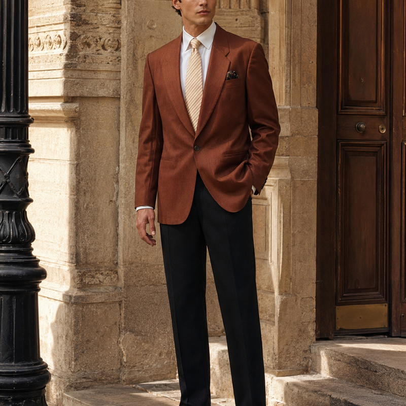 „Elegantes Herren Outfit mit braunem Vintage Sakko, weißem Hemd, beiger Krawatte, Einstecktuch und schwarzer Hose vor historischer Gebäudefassade“