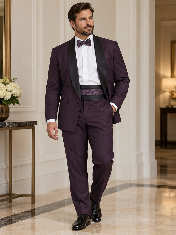 Eleganter Vintage Herren-Smoking in Aubergine in Größe 29, präsentiert an einem etwas kräftigeren Modell in ruhiger realer Umgebung