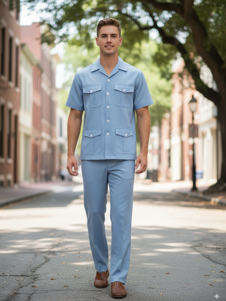 Hellblauer Vintage Herren Sommeranzug Gr. 52 von Albarattys – Vorderansicht
