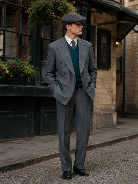 „Eleganter Herr im grauen Vintage-Anzug mit grünem Pullunder, gemusterter Krawatte und Schiebermütze in historischer Straßenkulisse.“
