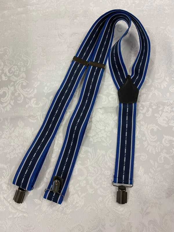 „Vintage Hosenträger blau gestreift in Y-Form mit dunklen Metallclips“