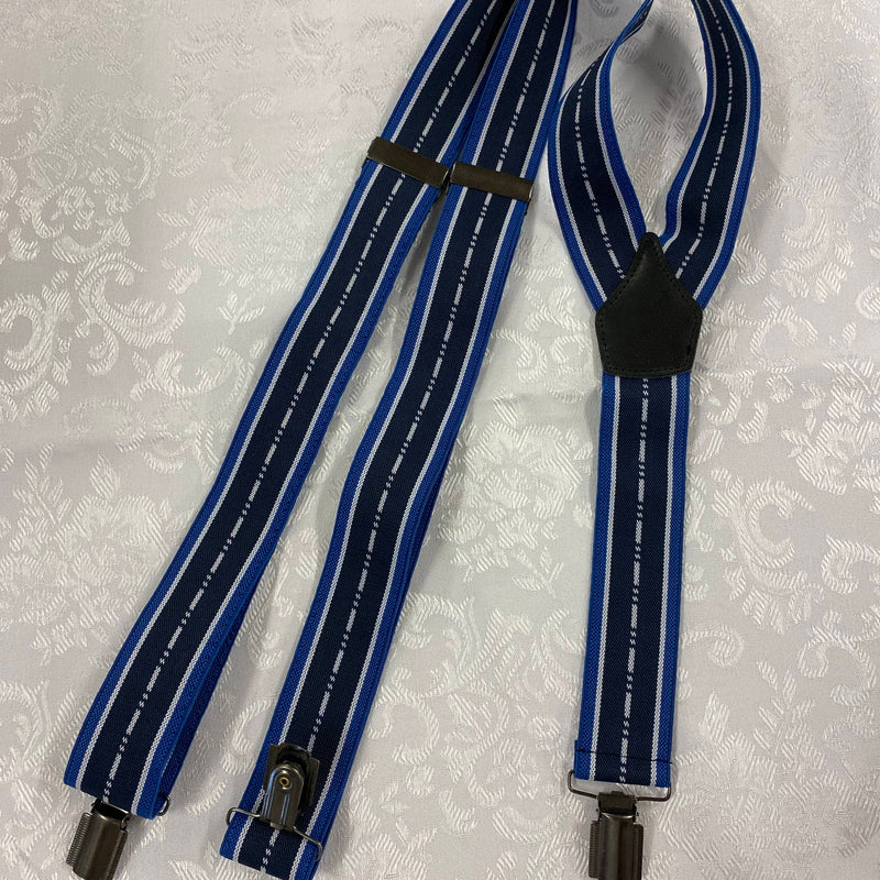 „Vintage Hosenträger blau gestreift in Y-Form mit dunklen Metallclips“
