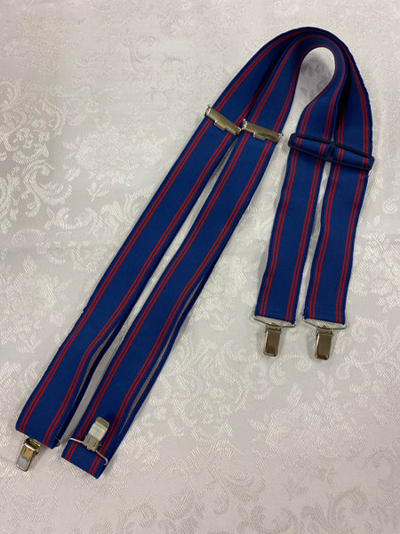 „Vintage Hosenträger blau rot H-Form mit silberfarbenen Metallclips“