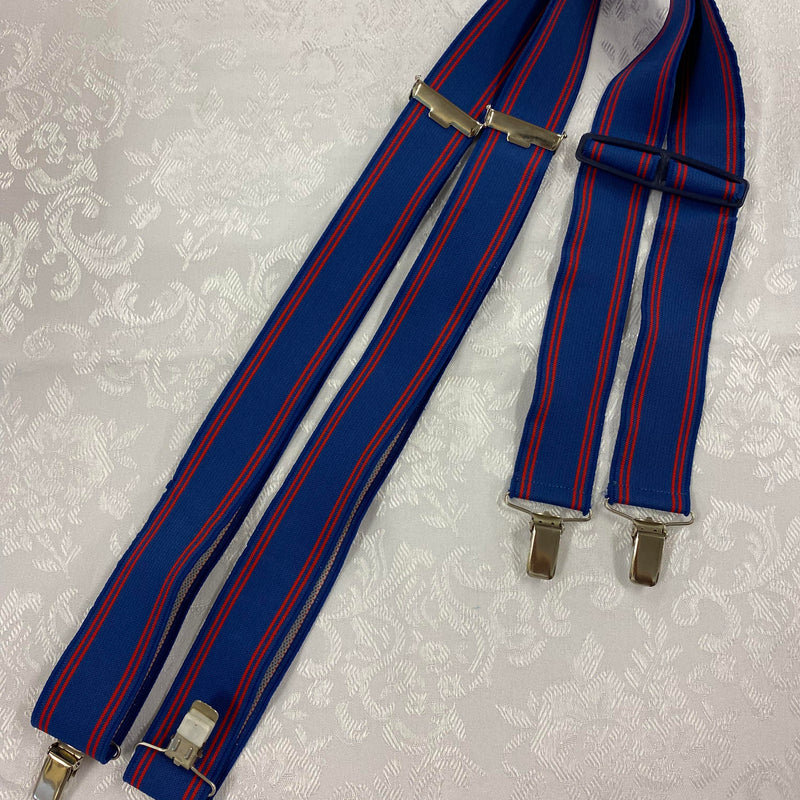 „Vintage Hosenträger blau rot H-Form mit silberfarbenen Metallclips“