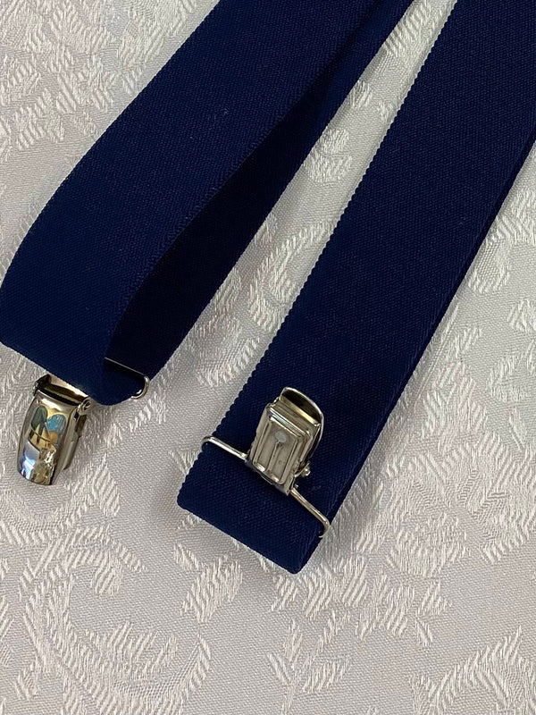 „Dunkelblaue Vintage Hosenträger mit elastischen Bändern und vier Clips“
