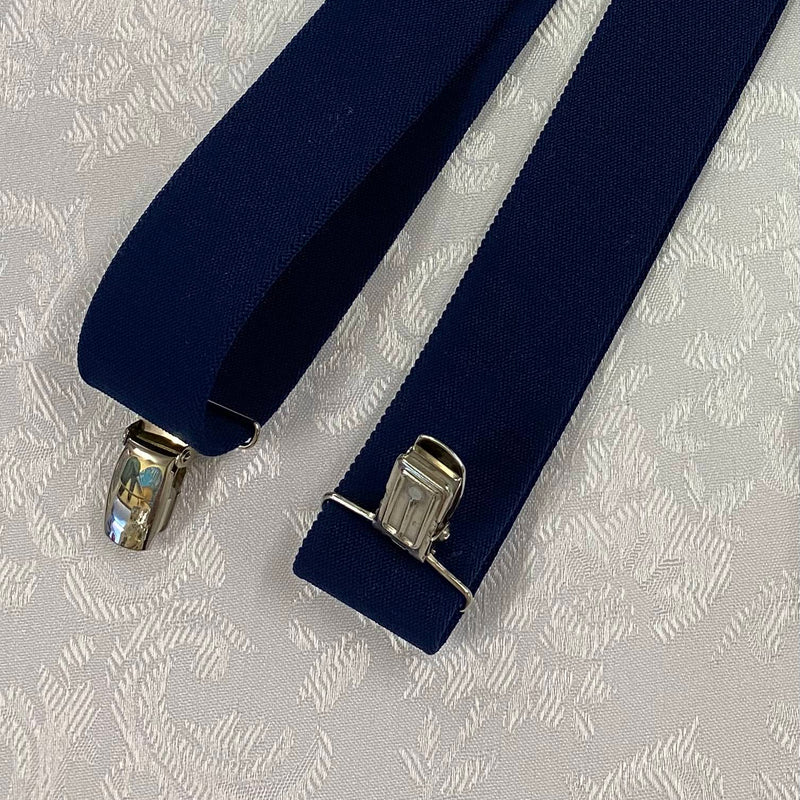 „Dunkelblaue Vintage Hosenträger mit elastischen Bändern und vier Clips“