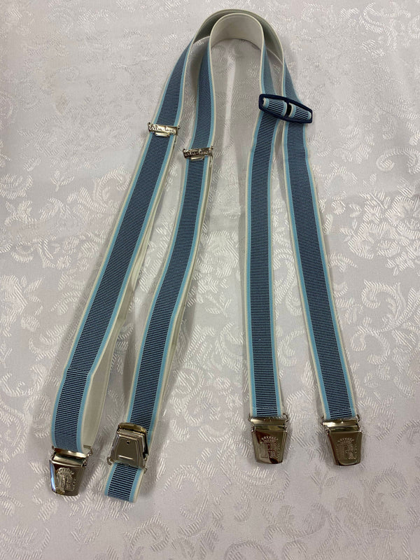 „Vintage Hosenträger hellblau gestreift in H-Form mit silberfarbenen Metallclips“