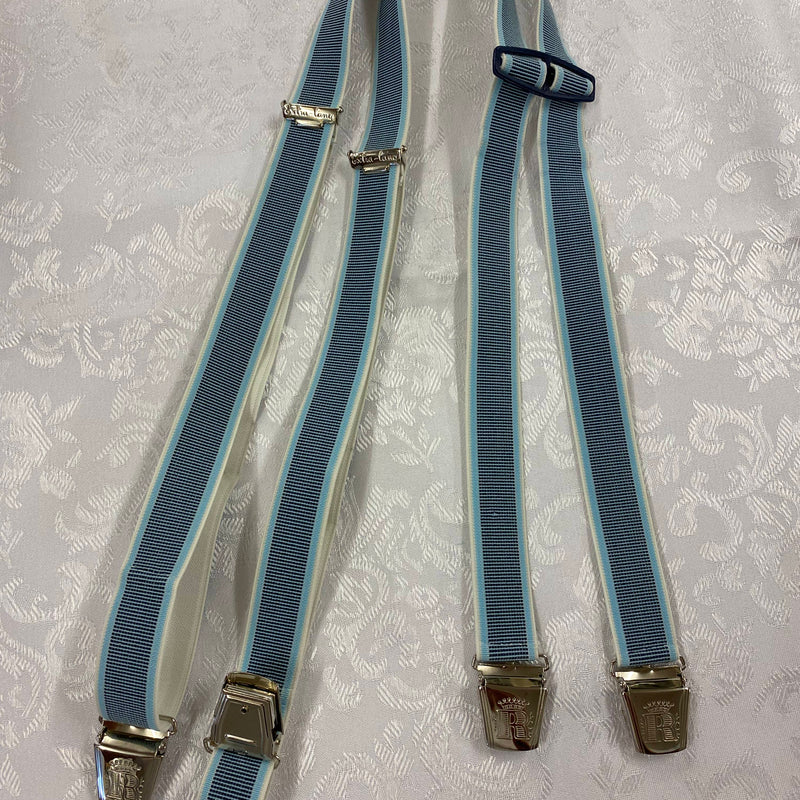 „Vintage Hosenträger hellblau gestreift in H-Form mit silberfarbenen Metallclips“