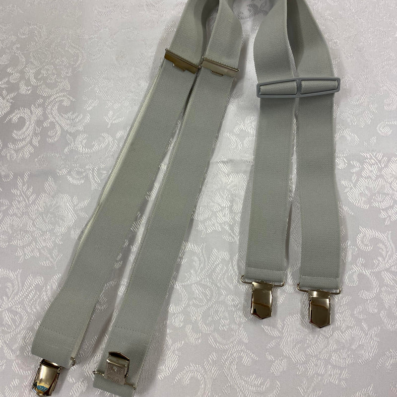 „Hellgraue Vintage Hosenträger in H-Form mit vier Clips und elastischen Bändern“