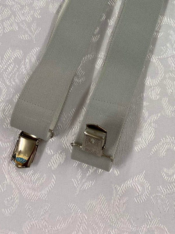 „Vintage Hosenträger hellgrau H-Form mit silberfarbenen Metallclips“
