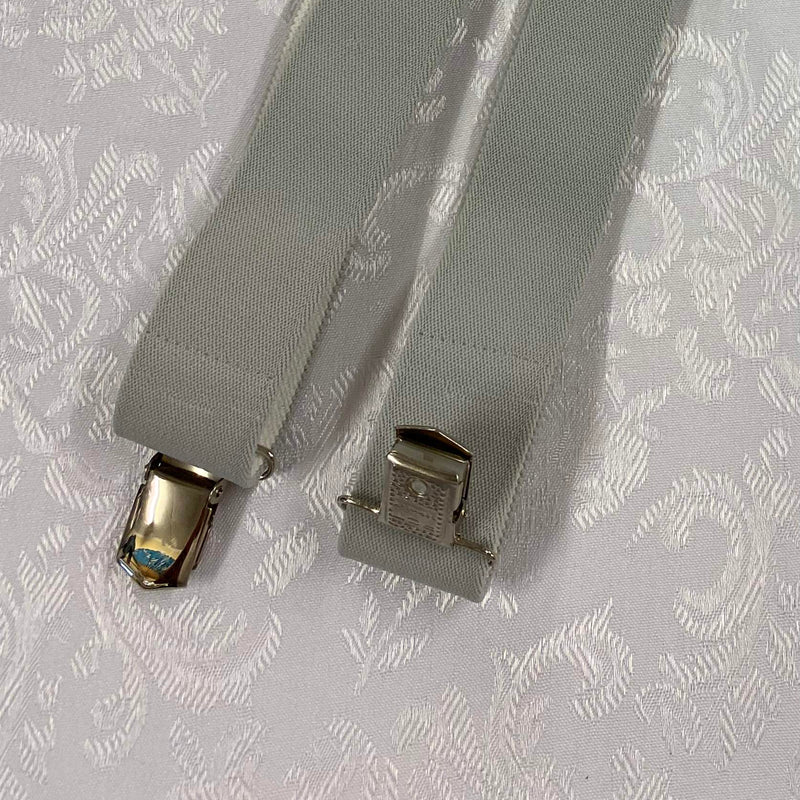 „Vintage Hosenträger hellgrau H-Form mit silberfarbenen Metallclips“