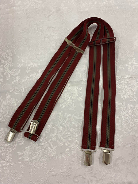 „Vintage Hosenträger dunkelrot gestreift in H-Form mit silberfarbenen Metallclips“