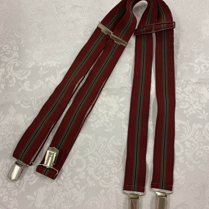 „Vintage Hosenträger dunkelrot gestreift in H-Form mit silberfarbenen Metallclips“