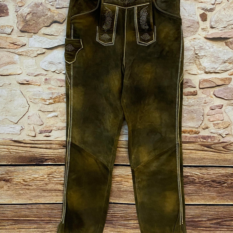 Lange Vintage Isar Trachten Lederhose für Herren in Olivgrün mit Stickerei, Vorderansicht