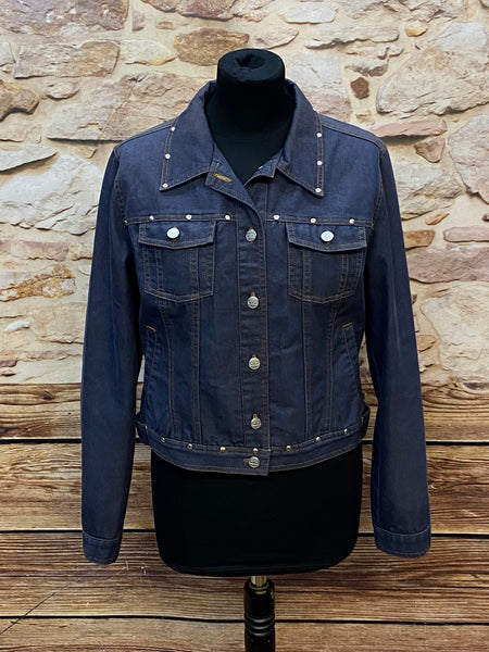 „Vintage Jeansjacke Damen dunkelblau mit Nieten Details Vorderansicht“