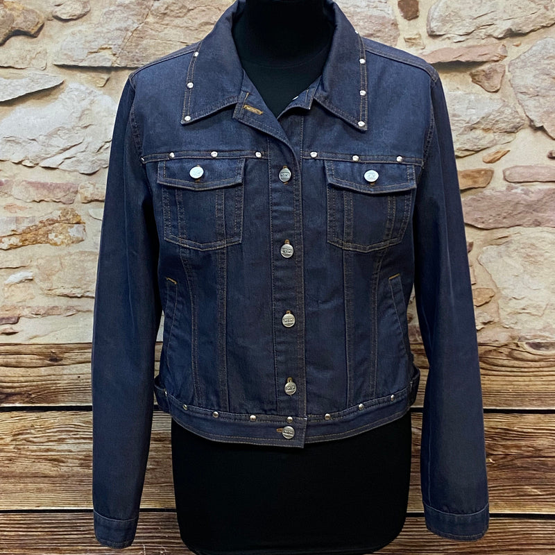 „Vintage Jeansjacke Damen dunkelblau mit Nieten Details Vorderansicht“