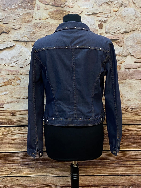 „Vintage Jeansjacke Damen Rückansicht tailliert dunkelblau“