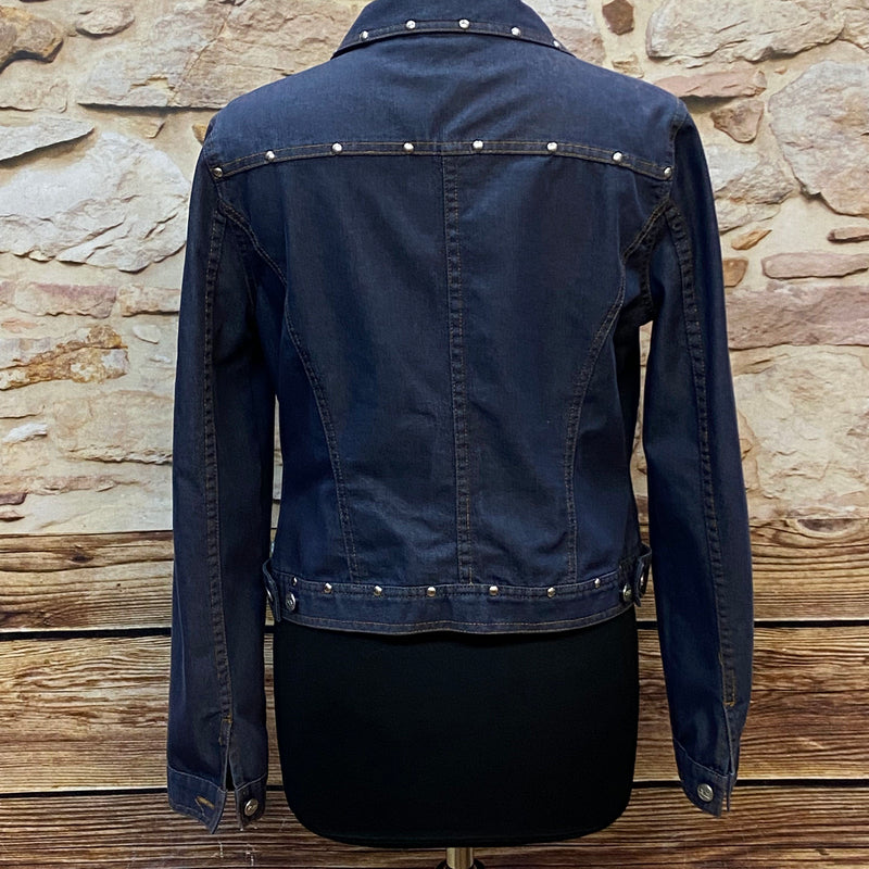 „Vintage Jeansjacke Damen Rückansicht tailliert dunkelblau“