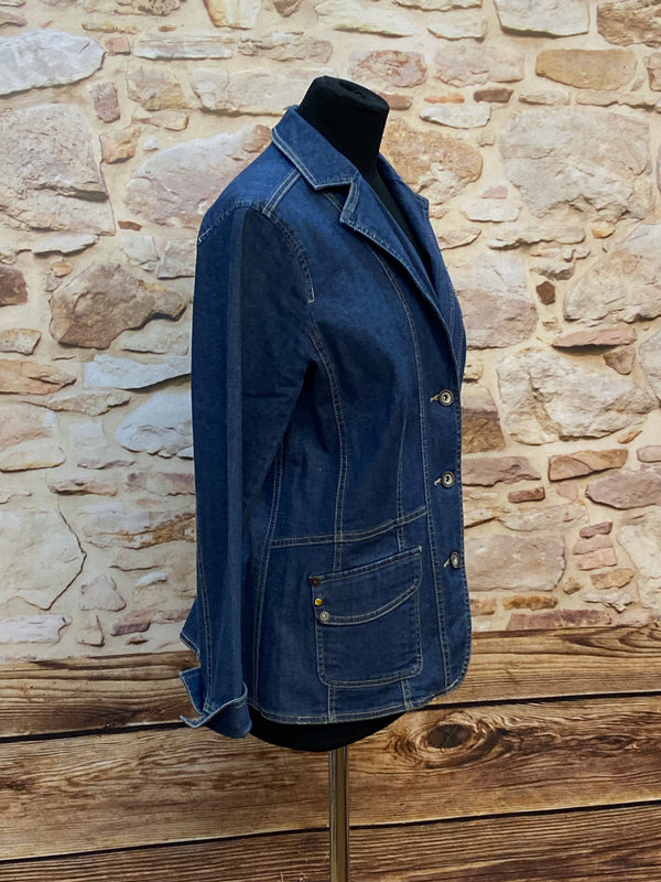 „Dunkelblaue Damen Jeansjacke mit Knopfleiste und Reverskragen Detailansicht“