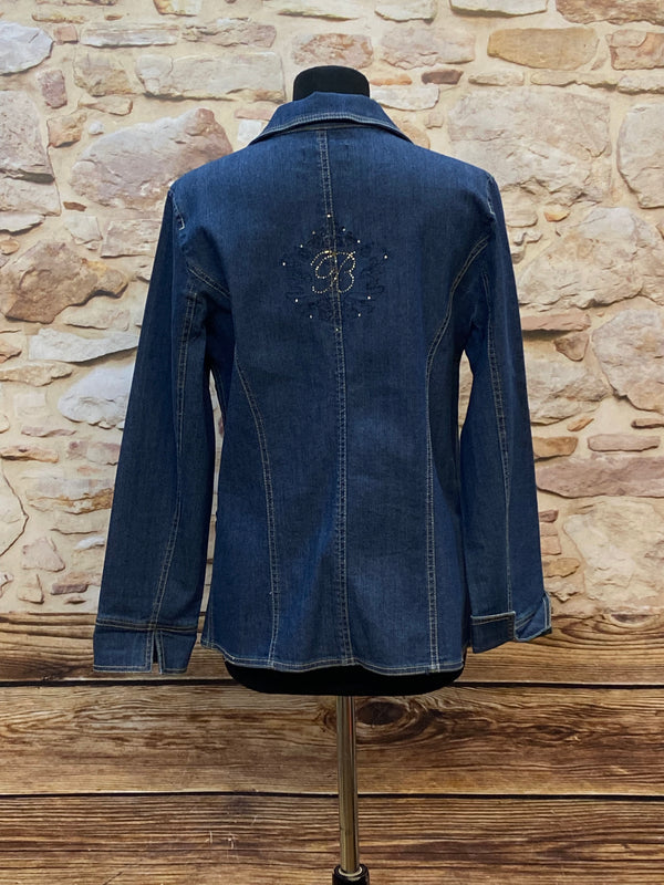 „Vintage Jeansjacke Damen Rückseite mit Strassverzierung dunkelblau“