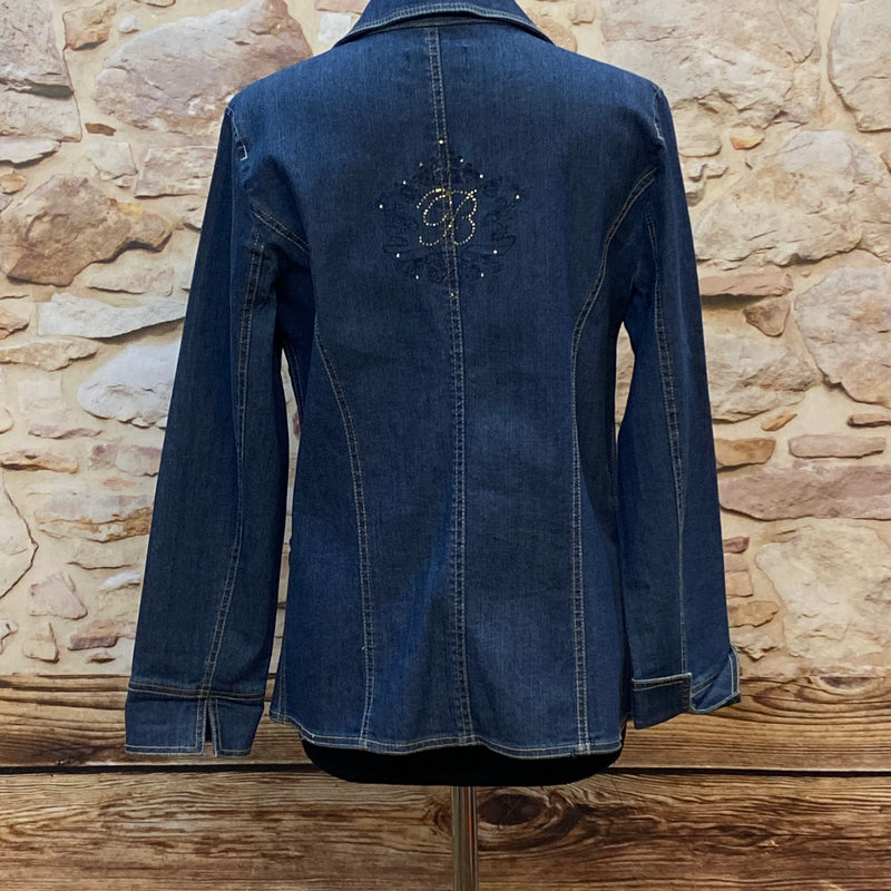 „Vintage Jeansjacke Damen Rückseite mit Strassverzierung dunkelblau“