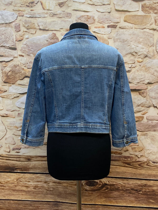 „Vintage Jeansjacke Damen Rückansicht kurz blau Denim“